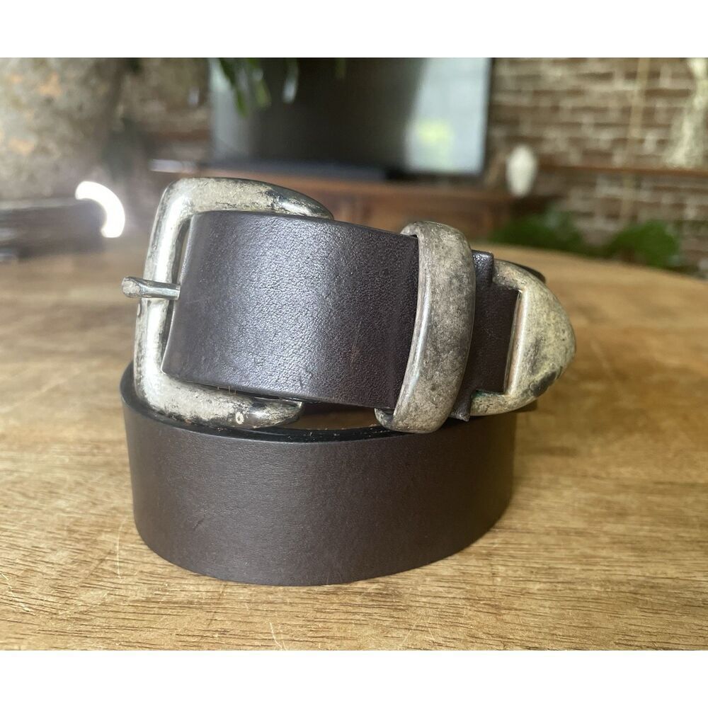 Vintage Brown Leather Belt Distressed Silver Buckle & Tip Western Style 39”
